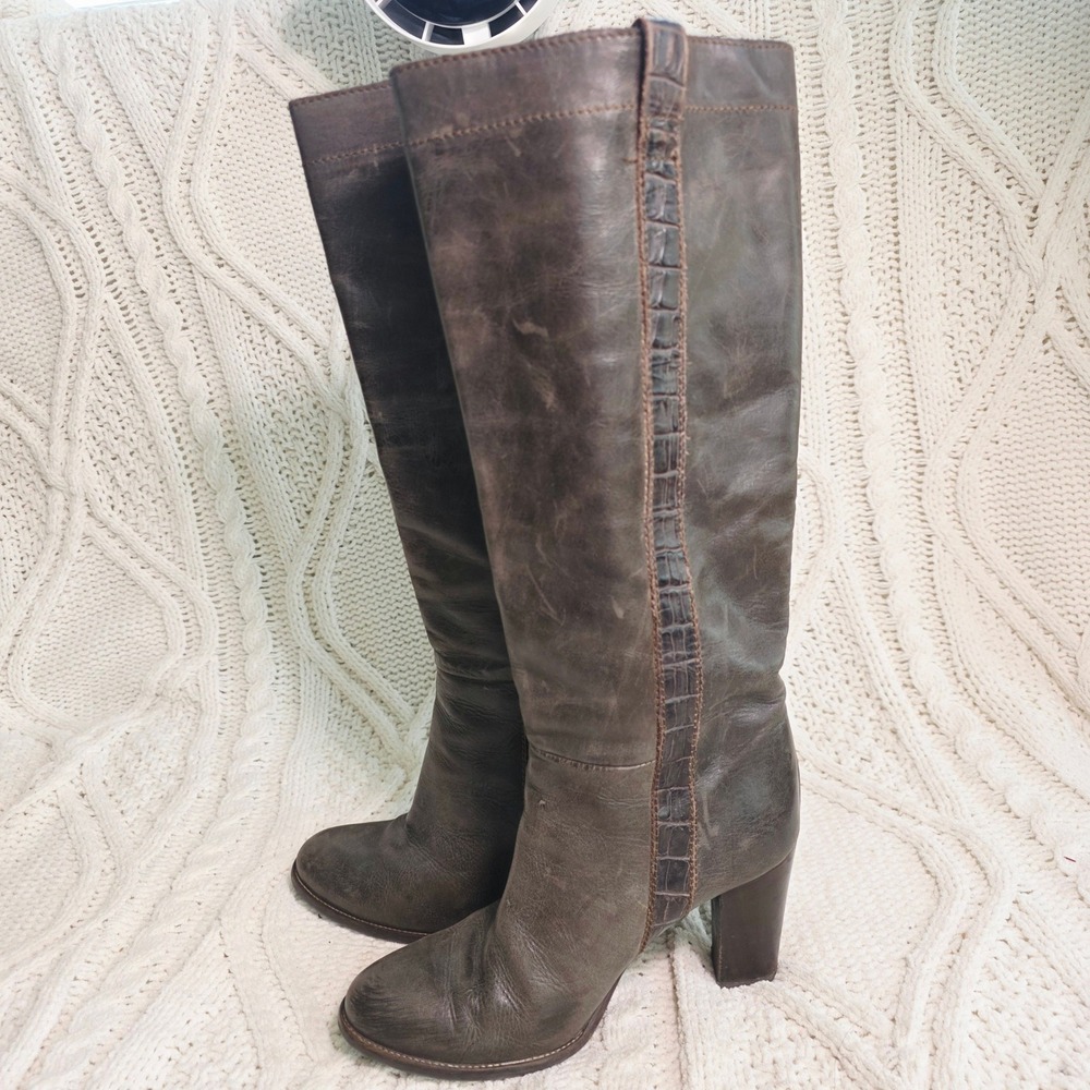 VTG Progetto Tall Boots Brown Gray Distressed Leather‎ Croc Trim Womens 36